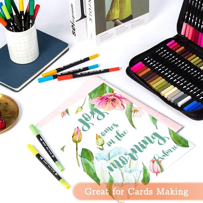 Nicecho 60 Colors Markers for Adult Coloring Books, Dual Brush Art Marker Pens - Fineliner & Brush Pen for Journaling, Calligraphy, Drawing, Sketching