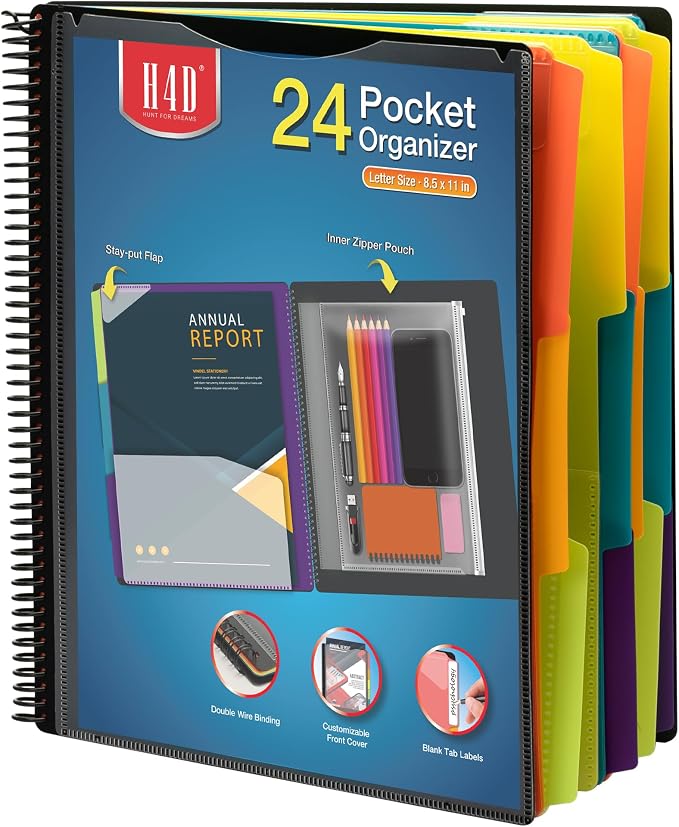 H4D 24 Pocket Poly Project Organizer, Multi Pocket Folder, Primary Colors | Spiral, Multi-Subject, Folder Notebook, Letter Size