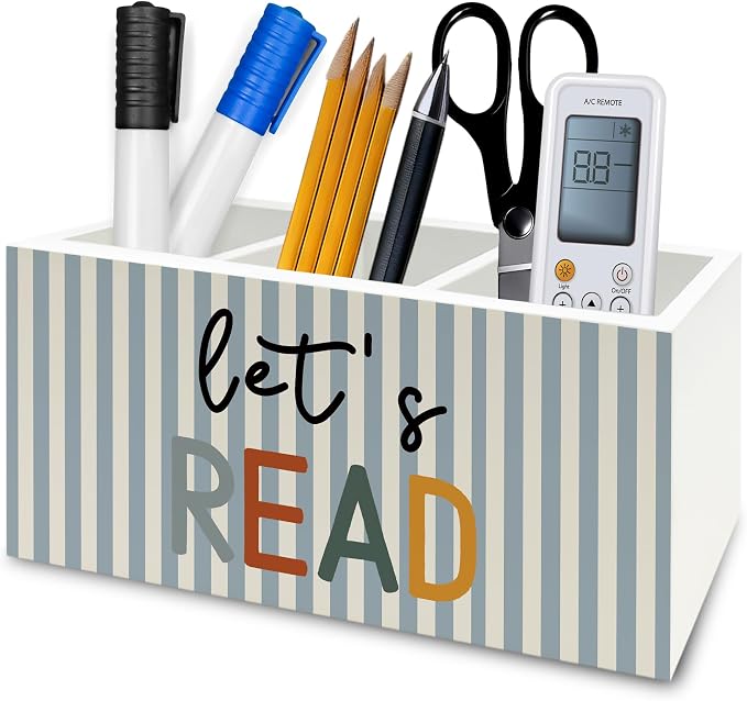 Reading Room Decor Pen Pencil Holder Organizer for Desk, Let's Read Boho Classroom Wooden Box Signs Decorations for Reading Corner Nook Room Library Desk Tabletop, Book Lover Reader Gifts