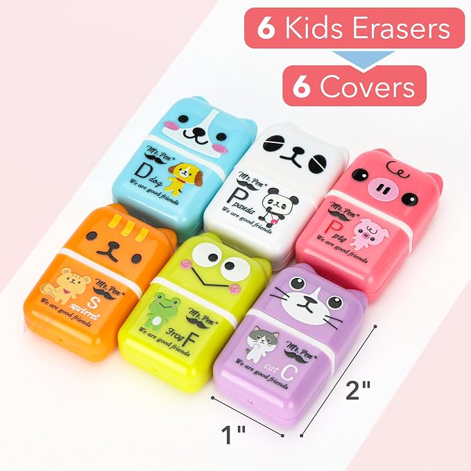 Mr. Pen- Cute Animal Eraser with Clean Up Roller and Cover, 6 Pack, Latex-Free, Rubber Pencil Erasers with Collector Rollers for Teens & Kids, Teacher, Classroom, School Supplies, Party Favor