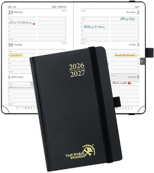 POPRUN 2026-2027 Academic Small Weekly Planner, 4" x 6.25" Purse Size Calendar, July 2026 to June 2027, Hardcover Appointment Book with Horizontal Layout, Hourly Time Slots - Black