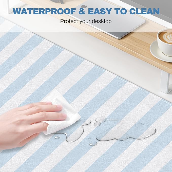 Blue Striped Desk Mat Cute PU Leather XXL Large Gaming Mouse Pad Desk Pad Cozy Aesthetic Keyboard Matt Laptop Computer Mat Home Office Decor 35.4" X 15.7"