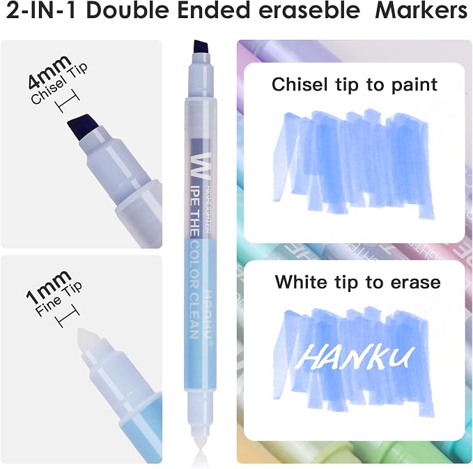 Erasable Highlighters Pastel Colors, 10 Colors Muted Dual Tip Markers, No Bleed Aesthetic Highlighters for Bible, Journaling, School Office Supplies, Double Ended Fine & Chisel Tip, Smooth Dry Fast