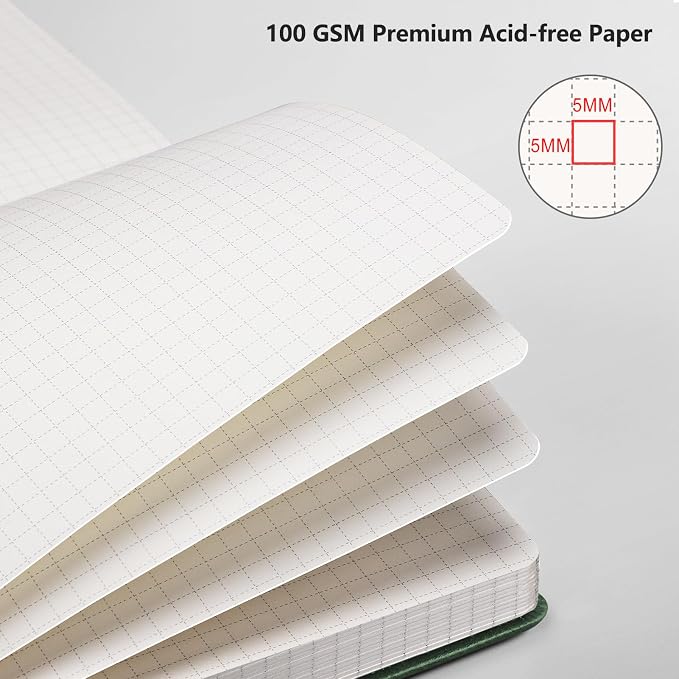 AHGXG Graph Grid Paper Notebook, 192 Pages, A5 Medium Size (5.7'' x 8.3'') | 5 Squares per Inch, Leather Hardcover, 100 GSM Thick Paper, for School, Students, Math, Engineering (Dark green)