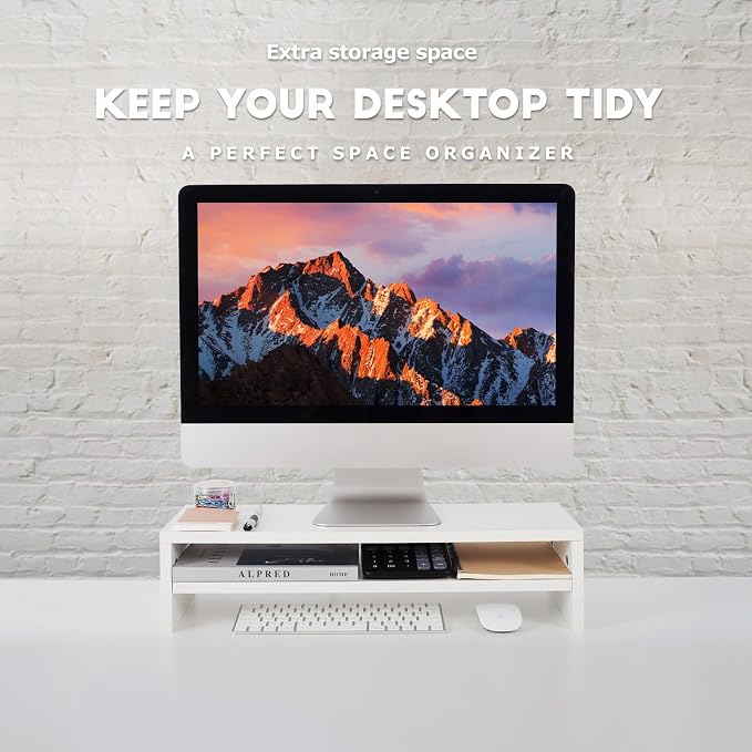 BEYGORM Monitor Stand Riser, White, 21.6 inch, 2 Tiers Wood Desk Shelf | For Full Keyboard, Computer Screen Stand with Storage for Desktop Laptop/Screen/TV/PC/Printer 21.6"L x 7.8"W x 5.2"H
