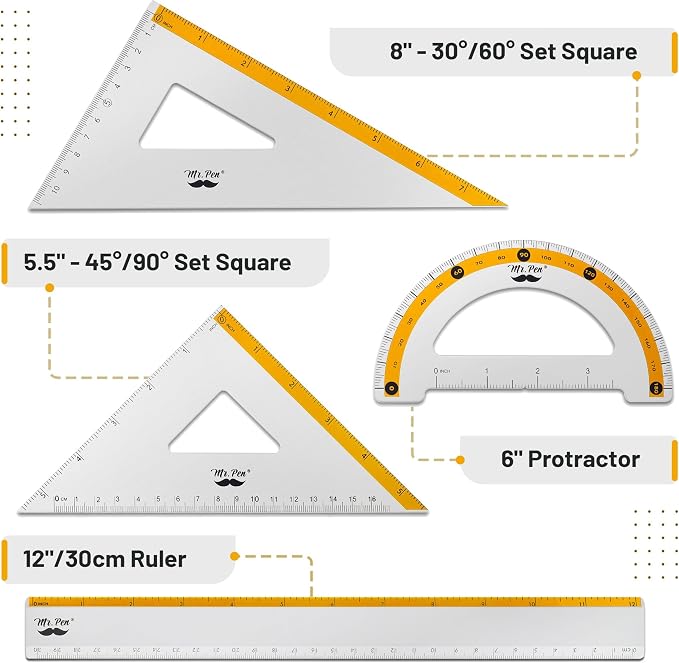 Mr. Pen- Metal Geometry Kit, 4 Pack, 45° & 30°/60° Set Squares | 6" Protractor & 12" Ruler, Durable Metal Drafting Tools for Technical Drawing, Math, Engineering & Architecture