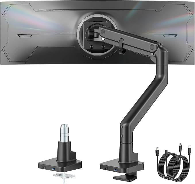 monTEK Heavy Duty Monitor Arm, 17-57" Ultrawide, Gas Spring, with USB，Black | Desk Monitor Mount Holds Max 57" Ultrawide Curved Screen Up to 59.4 lbs with USB 3.0A/C,No Sag,Clamp & Grommet Arm,75/100VESA