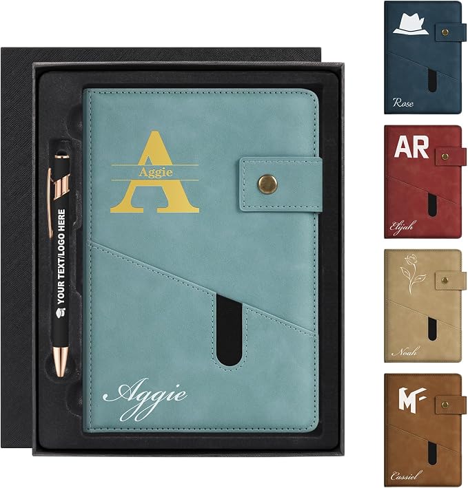 ENOMY A5 Personalized Notebook Journal with Pen & Gift Set Custom Hardcover Notebook 200 Pages Thick Daily Diary for Men Women Lined Journal for Work College Travel Writing, Light Blue