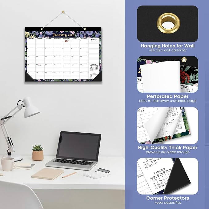 Desk Calendar 2026-2027, 18-Month Calendar, Large 17" x 12" Monthly Desktop & Wall Calendar for Home & Office - Midnight Garden