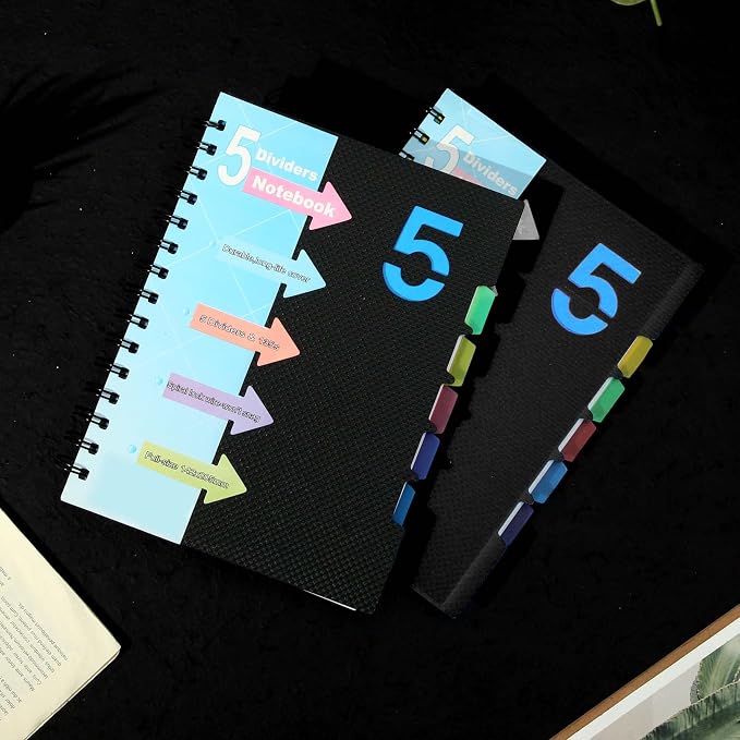 CAGIE 2 Pack 5 Subject Notebook, Small Spiral Notebook with Tabs | 6.1'' x 8.2'', A5 Spiral Notebooks College Ruled, 240 Pages Note book for School Note Taking, Black