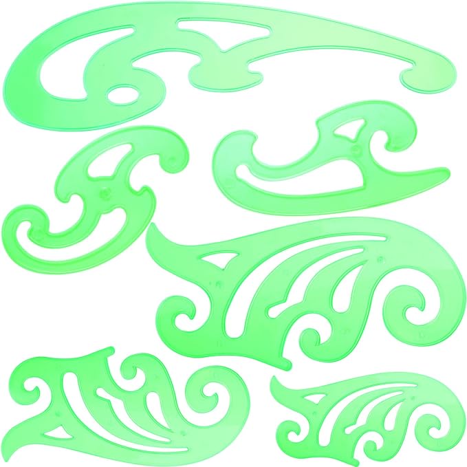 TecUnite 6 Pcs French Curve Ruler Set, Clear Green Plastic Curve Templates for Drawing, Drafting, Sewing Pattern Making, Fashion Design and Art Craft Projects