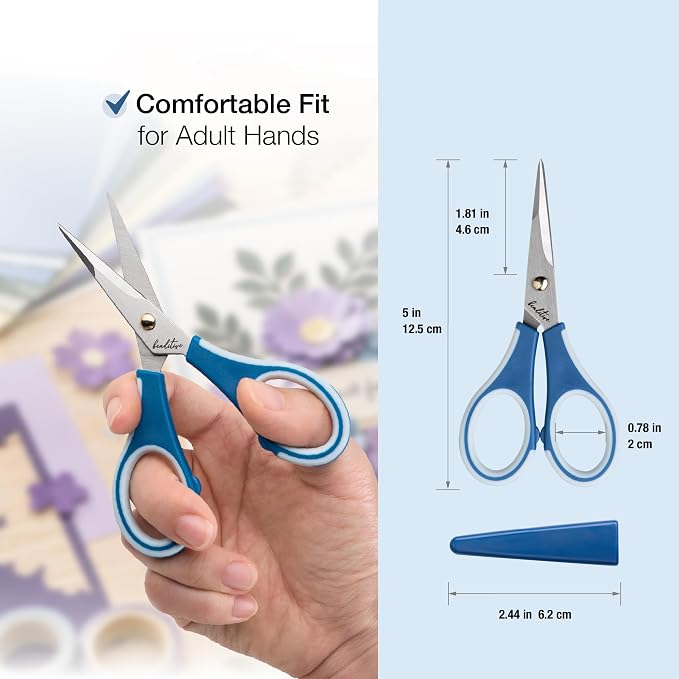 Beaditive Precision Craft Scissors - Ultra Sharp Stainless Steel Blades & Non-Slip TPR Handles - Adult & Kid Scrapbooking Scissors With Safety Cap For Home, Office, School (Blue)