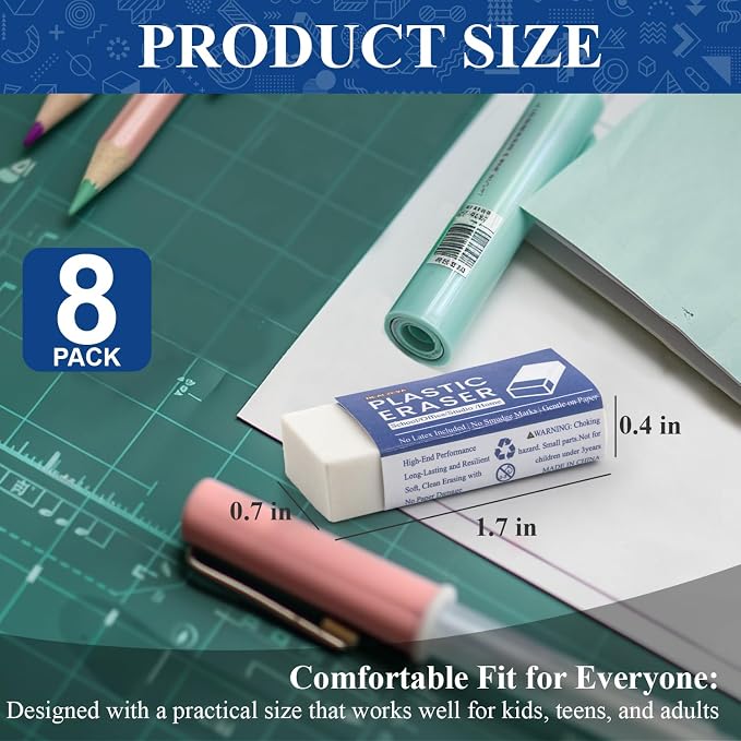 Realzeva White Eraser, 8-Pack Bulk Erasers for Classroom,White Erasers for School, Classroom Must Haves & Back to School Supplies Eraser, Latex-Free & No Crumbling, Gomas De Borrar Escolares.