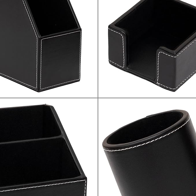 6 Piece Office Supplies/Desk Organizer Set with Desktop Leather Writing Pad,File Paper Tray,Magazine folder Holder, Pen Cup,Sticky Note Holder,Letter Mail Sorter,Workspace Decor for Women Men Black