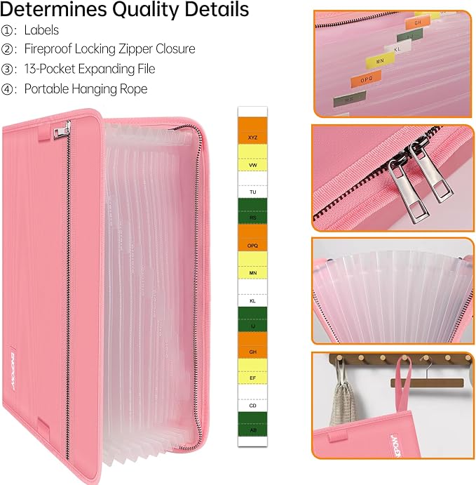 ENGPOW Expanding File Folder,Fireproof 13 Pockets Document Organizer Bag | Accordion File Organizer with Zipper＆Labels,Portable Home Travel Safe Storage for Important Files,Papers,Letter Size,Pink