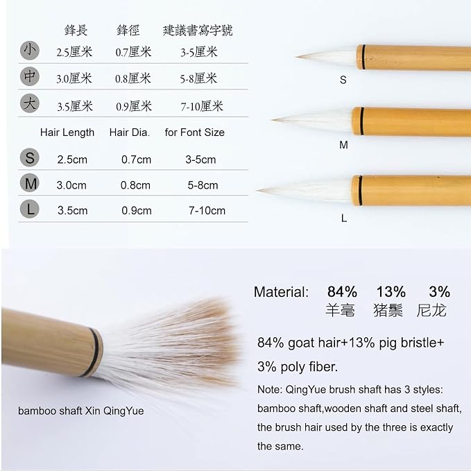 QingYue Zhongkai Chinese Brush, Yang Jian Hao Chinese Calligraphy Brush for Regular Script/KaiShu, Running Script/Xing shu, Cursive/Cao Shu (QingYue 3pcs Set Small+Medium+Large)