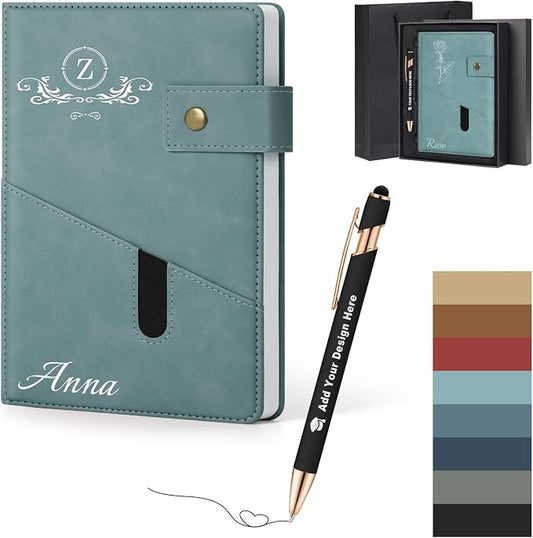 ENOMY Personalized A5 Journal Gift Set with Custom Pen PU Leather Notebook Box, Light blue