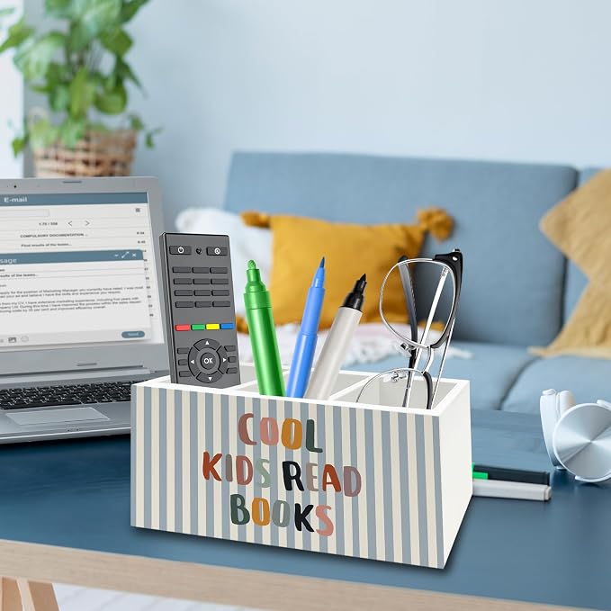Boho Reading Room Pen Pencil Holder Organizer for Desk, Cool Kids Read Books Bookish Wooden Box Signs Decorations for Kids Reading Room Classroom Desk Tabletop, Book Lover Reader Gifts
