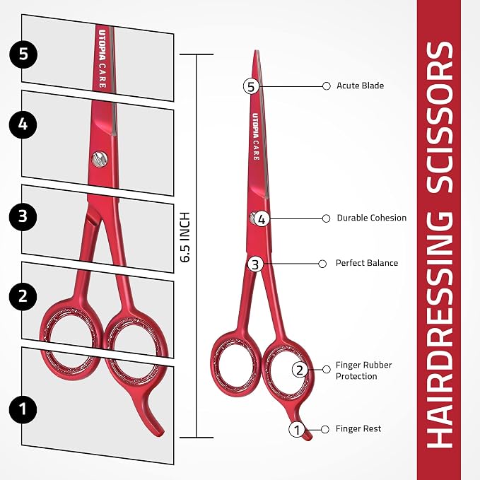 Utopia Care Hair Cutting and Hairdressing Scissors 6.5 Inch, Premium Stainless Steel Shears with Smooth Razor and Sharp Edge Blades for Salons, Men, Women and Kids, Red