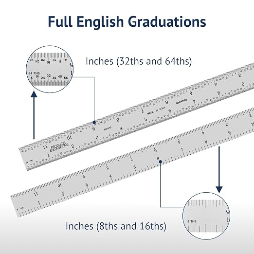PEC Tools 12" Rigid Metal Ruler, Made from Premium Stainless Steel, 4R Graduation (1/8", 1/16", 1/32", 1/64"), Fully Hardened and Tempered Machinst Rule, Made in USA