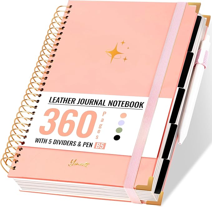 Yoment Thick 360 Pages Spiral Notebook Journal for Women with Pen, B5 Leather 5 Subject Hardcover College Ruled Note Book, Journaling Notebooks for Writing Work School, Pink