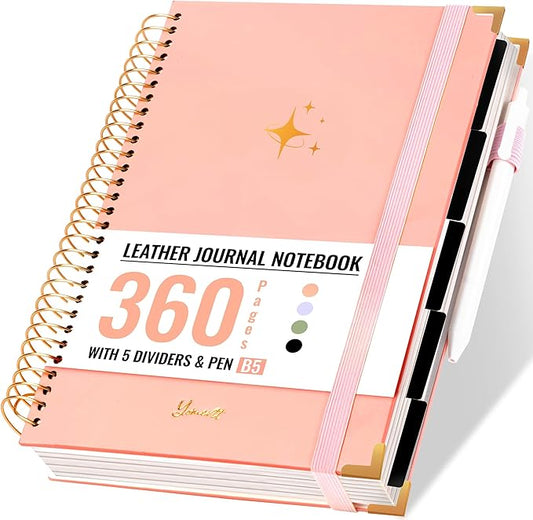 Yoment Thick 360 Pages Spiral Notebook Journal for Women with Pen, B5 Leather 5 Subject Hardcover College Ruled Note Book, Journaling Notebooks for Writing Work School, Pink