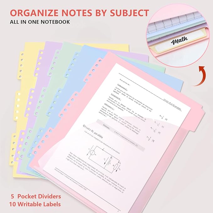 5 Subject Spiral Notebook, College Ruled, 150 Sheets, Pink Plastic Cover, 5 Movable Pastel Tab Dividers with Pockets, 3-Hole Punched, 75gsm Paper, Writable Stickers, Fits 8.5 x 11 in Paper