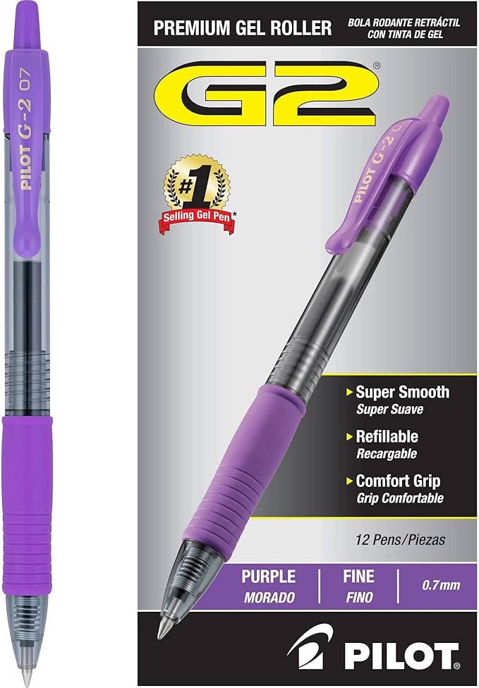 Pilot G2 Premium Gel Roller Pens, Fine Point 0.7 mm, Purple Ink, Pack of 12 - Ideal for School, Journaling and Office Writing
