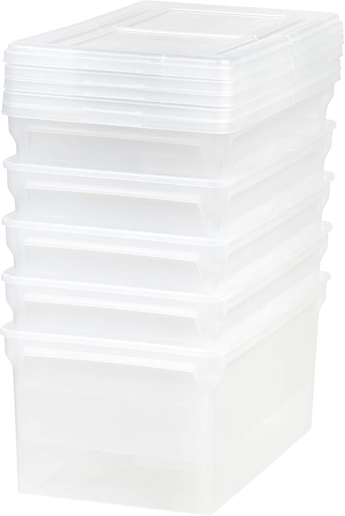 IRIS USA 5-Pack 44 Qt. Letter File Box with Hinged Lid, Clear | Protect important documents, letter and legal files with secure storage for home offices, moving, and long-term organization