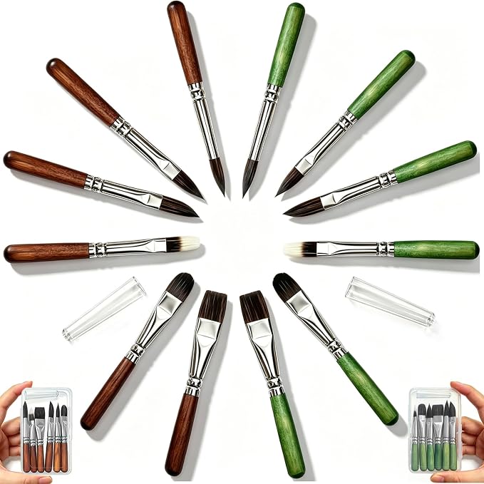 Travel Watercolor Brush Set 2 Packs | Pocket Short Handle 12pcs Travel Brushes w/Extender & Case for Watercolor Acrylic Ink,Gift for Couples Family Friends