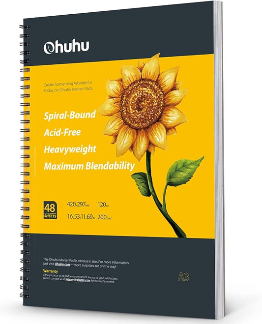 Ohuhu 16.5"x11" Marker Paper Pad Art Sketchbook for Drawing and Sketching | XL A3 Large Sketch Book -120 LB/200 GSM Smooth Drawing Paper -48 Sheets/96 Pages -Spiral-Bound Sketch Pad for Alcohol Markers