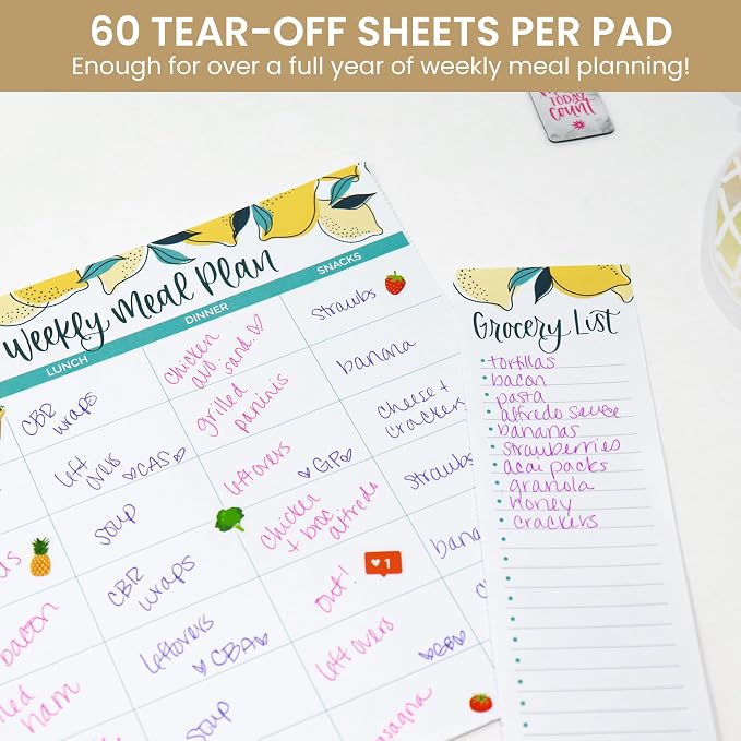bloom daily planners Horizontal Weekly Magnetic Meal Planning Pad for Fridge with Tear-Off Grocery Shopping List - Hanging Food/Menu Organizer Notepad with Magnets - 8.5” x 11” - Lemons