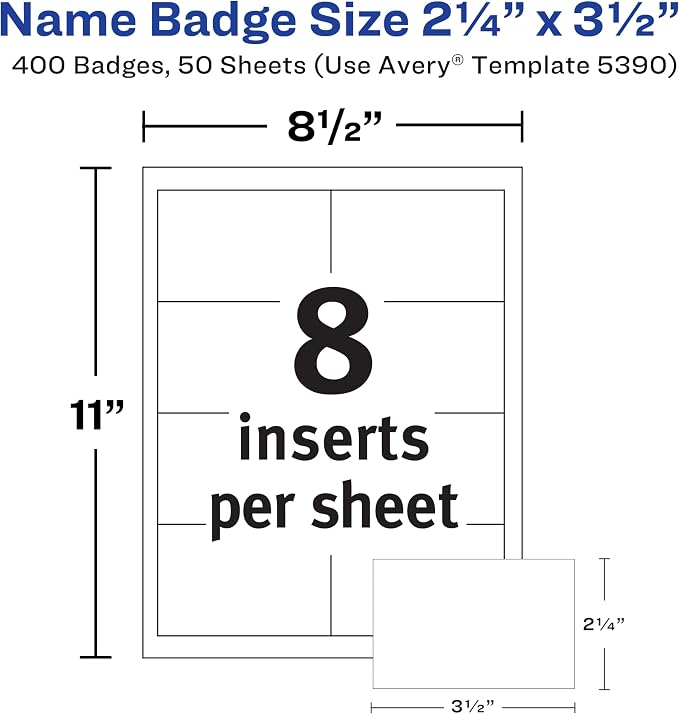 Avery Customizable Name Badge Inserts, 2.25" x 3.5", White, 400 Printable Name Tag Inserts (5390), Pack of 5
