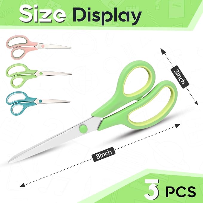 Scissors 8.5 Inch scissors all purpose for Office, Home, Sewing,and Crafts,Soft Comfort-Grip Right/Left Hand 3-Pack, Multicolor