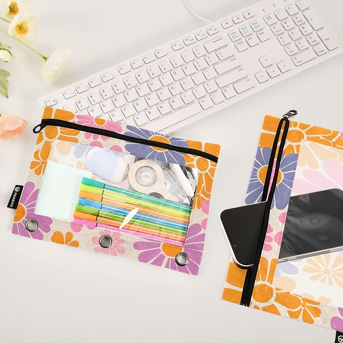 Gredecor Binder Pencil Pouch 3 Ring Hippie Retro Daisy Flowers Zipper Pencil Pouches Case 2 Pack Clear Binder Organizer for School Office