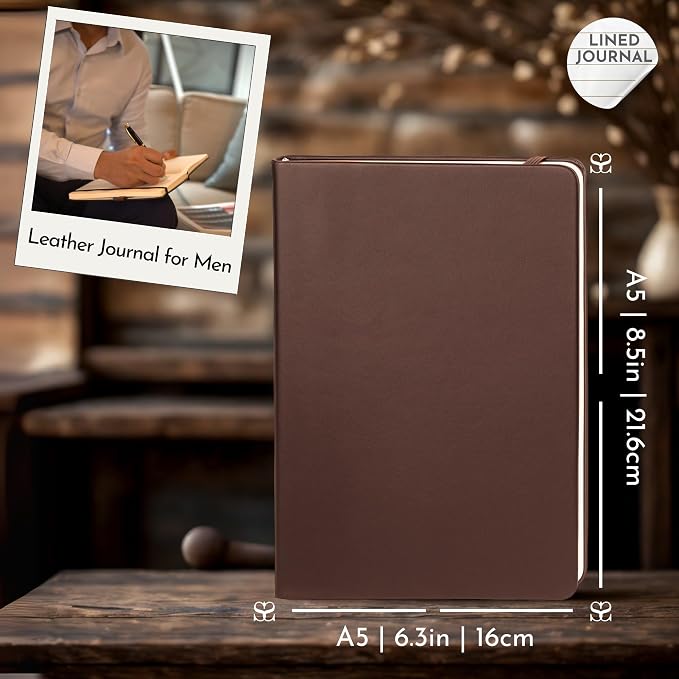 SETTINI® Hardcover Lined Journal Notebook A5 120 GSM Lay-Flat, Mocha Brown | lay-flat binding, 120 GSM thick paper, A5, lined, ribbon bookmark, elastic closure, for men