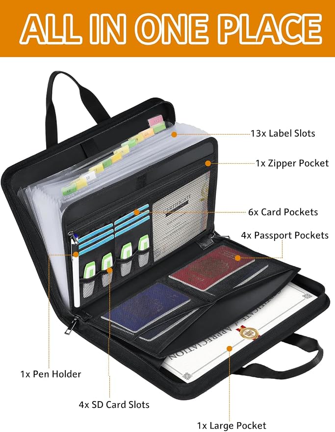 onvvippiv Important Document Organizer Folio Accordion File Organizer | Fireproof Expanding File Folder Storage Box with Zipper Labels 13 Pockets for Business Office Receipt Travel