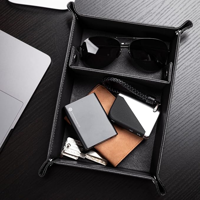 Valet Tray for Men PU Leather Tray Organizer with Partition Luxurious | Night Stand During Trays Storage Keys, Watch & Practical Storage for Table Nightstand Living Room Bedroom (Black)