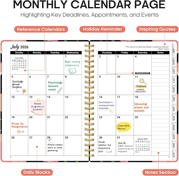 Planner 2026-2027, Academic Year Weekly and Monthly Calender Planner, from Jul 2026 - Jun 2027, Spiral Bound School Planning Book, Perfect for Teacher, Student, Women & Men, A5 (6.3" x 8.5"), Midnight Poppies
