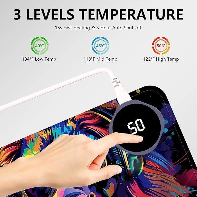 Heated Mouse Pad with 3 Levels Heated & 3 Hours Auto Shut-Off Mouse Pad for Warming Hands in Office Home, 23.6" x 14.2"Large Safe Desk Mat Hand Warmer，Lion with Headphones
