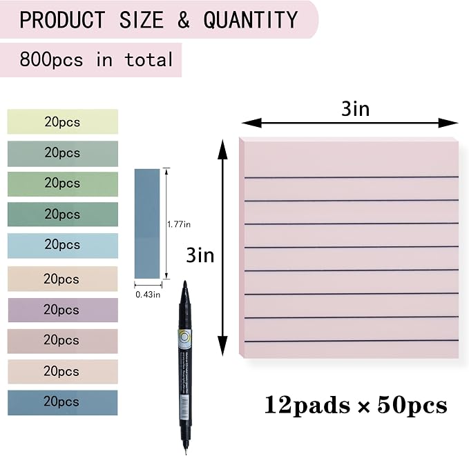YOUDEFUL 800Pcs Transparent Sticky Notes, Pink Clear Sticky Notes with Lined, 3"x3" Waterproof Translucent Sticky Note Pads, Index Tabs, Clear Post it Notes for Bible Study, See Through Sticky Notes