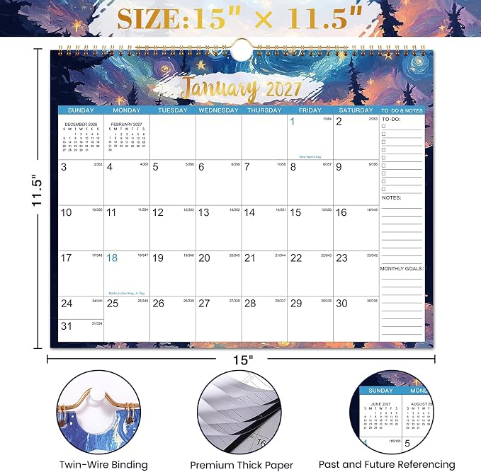 2027 Calendar - 2027 Wall Calendar, January 2027 - December 2027, 2027 Monthly Wall Calendar, 15" x 11.5", 12 Months Calendar, Large with Hook, Perfect for Organizing, For Home, Office And Classroom