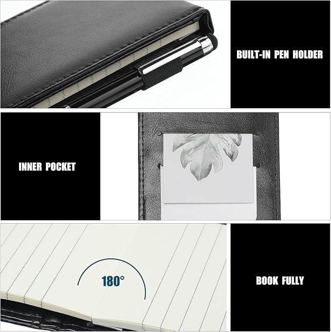Outus 10 Pcs Mini Pocket Notepad Holder Set Included Small Leather Pocket Notebook Holder with 50 Lined Sheets, Metal Pen, 8 Pcs 3 x 5 Inch Memo Book Refills, 30 Lined Paper Per Note Pad (Black)