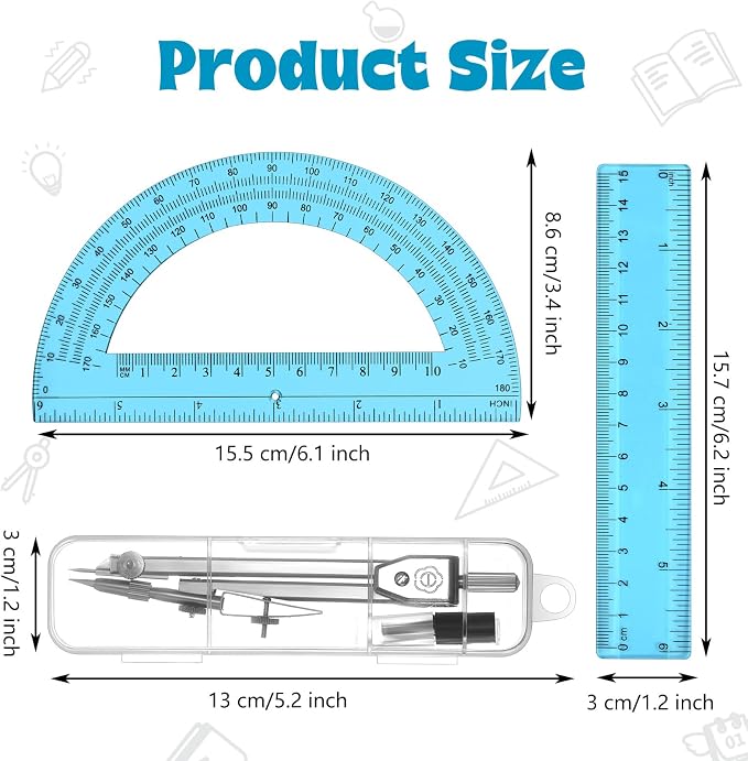 Zonon 3 Pcs Plastic Ruler 6 Inch Protractor Drawing Compass Set, Student Geometry Math Transparent Measuring Tools for Home School Classroom Office Supplies(6 Inch,Blue)