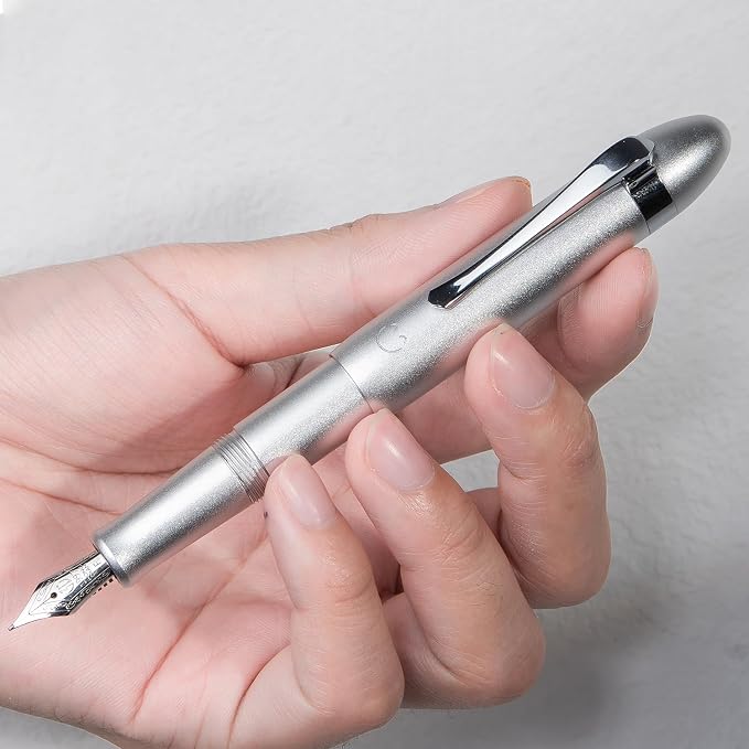 HONG DIAN M1 Fountain Pen Extra Fine Nib, Silver & Submarine Shape Aluminium Short Mini Pocket Travel Pen