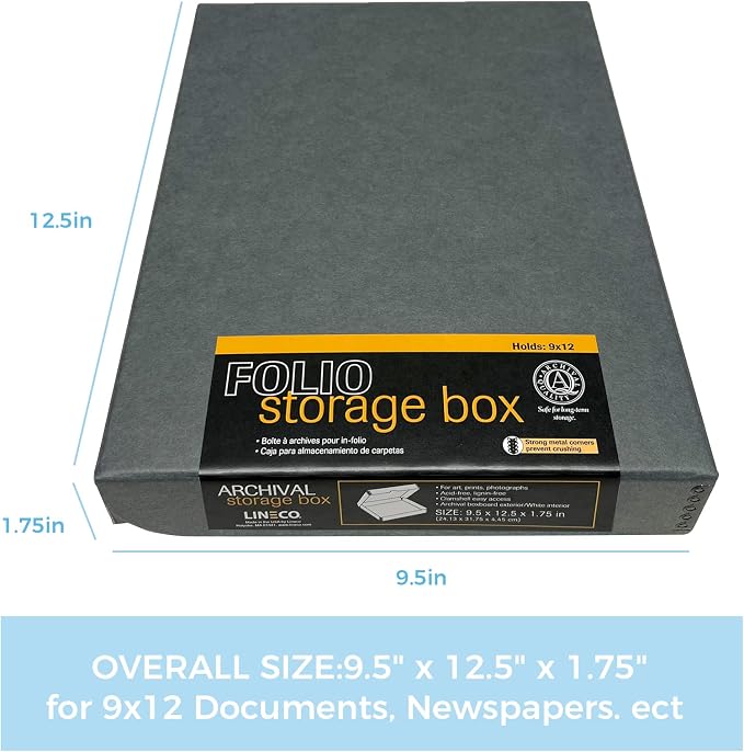 Lineco Clamshell Archival Storage Box, 9.5x12.5x1.75 Inch, Gray, Pack of 2 | Acid-Free with Metal Edge Boxboard, Organize and Store Photos Documents Cards Negatives Magazine Prints Family Records DIY