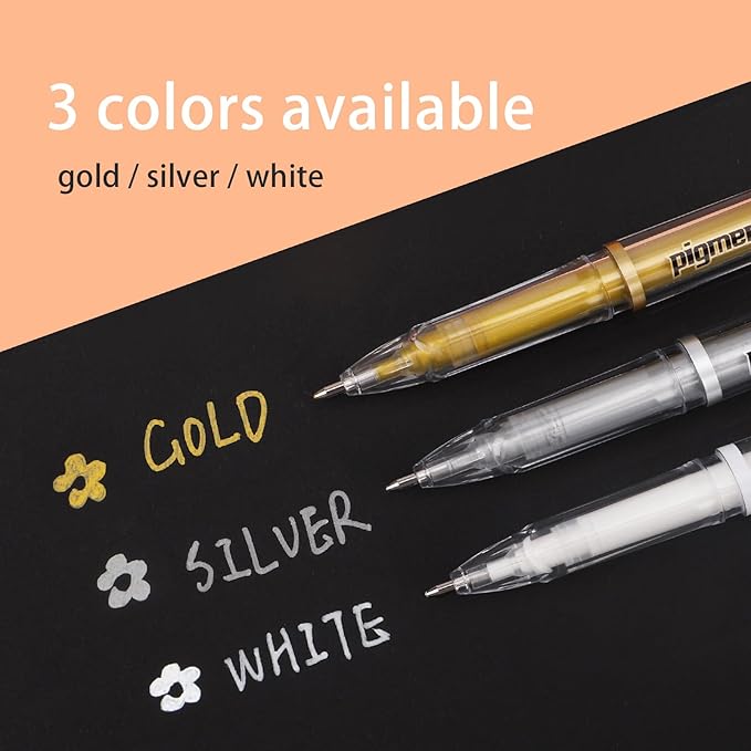 Gold Silver White Ink Gel Pens, 1mm Medium Fine Point, Opaque archival Ink Pen for Dark Paper Drawing,Sketching, Illustration, Card Making, Bullet Journaling (Assorted Color - 6 Packs)