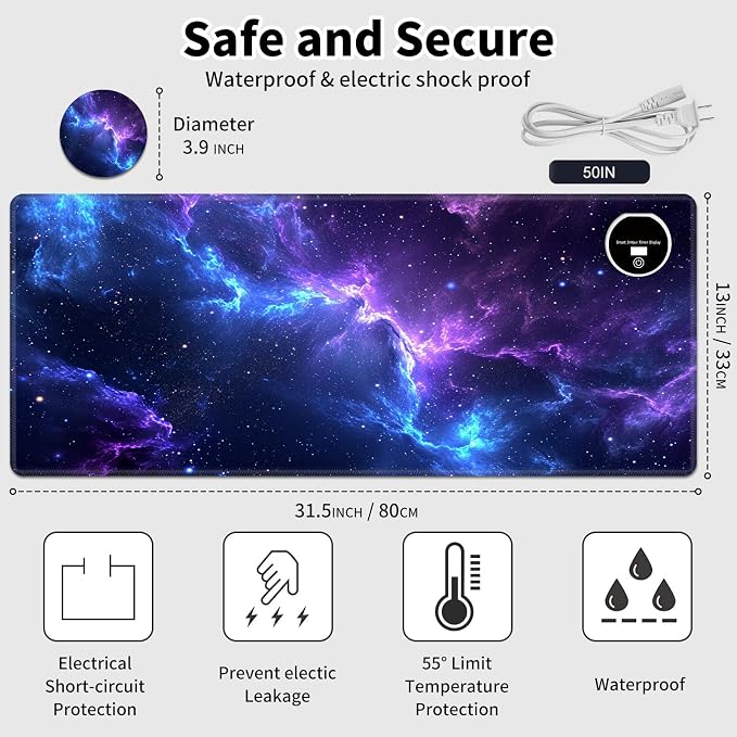 Warm Desk Pad,Heated Desk Pad,Office Mat,3 Heating Levels & 3 Hours Auto Shut-Off,31.5"*13" Gaming Mouse Laptop Keyboard Leather Desk Mat,Blue Purple Glitter Sky