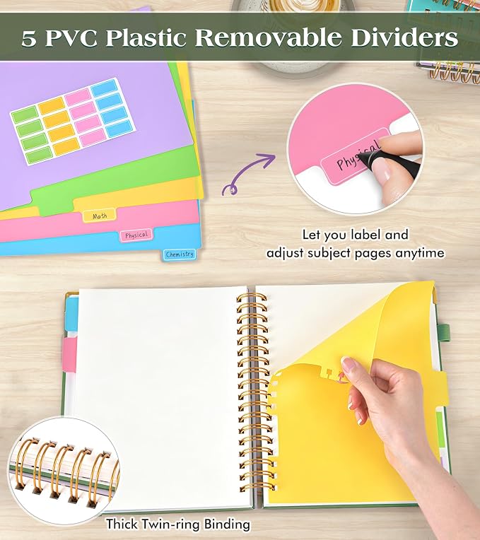 5 Subject Blank Notebook with Removable Dividers Tabs, 300 Pages Hardcover Leather Sketch Book Spiral Journal, 8"x10" B5 Large Sketchbook Notebooks for Women Men Work School Sketching Drawing, Green