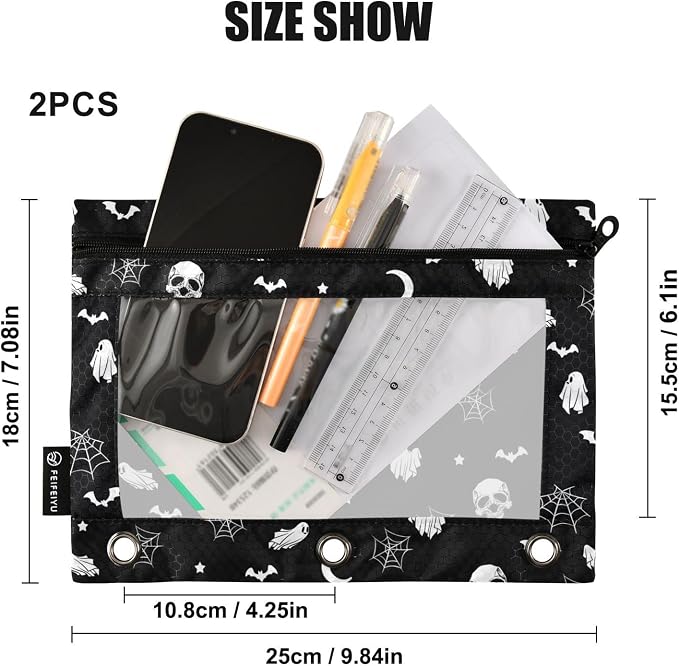 Halloween Ghost Gothic Pencil Pouches for 3 Ring Binder, Zipper Binder Pencil Case, 2 Pack Clear Window Case Bag for Office Organizers